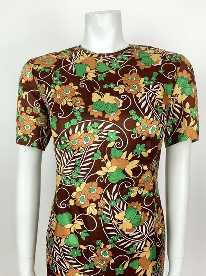 VINTAGE 60s 70s BROWN GREEN WHITE CREAM PAISLEY LEAF FLORAL SHIFT DRESS 12 14