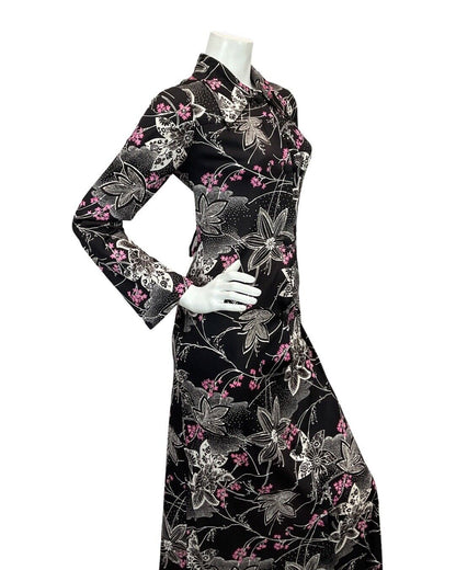 VINTAGE 60s 70s BLACK PINK WHITE FLORAL PATTERNED BUTTON DOWN MAXI DRESS 12 14