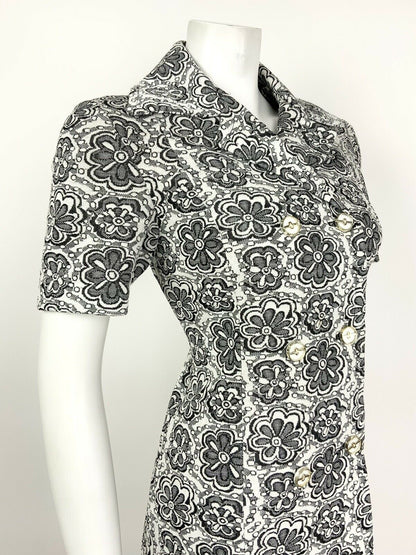 VINTAGE 60s 70s WHITE BLACK GOLD DOUBLE-BREASTED FLORAL SHIRT DRESS 10 12