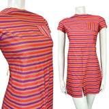 VINTAGE 60s 70s RED PURPLE BLUE STRIPED MOD SHIFT MICRO-MINI DRESS 6