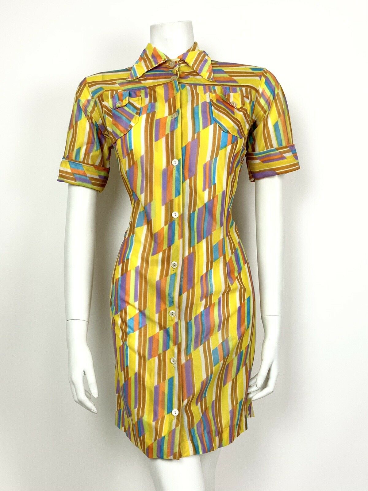 VINTAGE 60s 70s YELLOW WHITE PURPLE BLUE STRIPED DAGGER COLLAR SHIRT DRESS 10 12