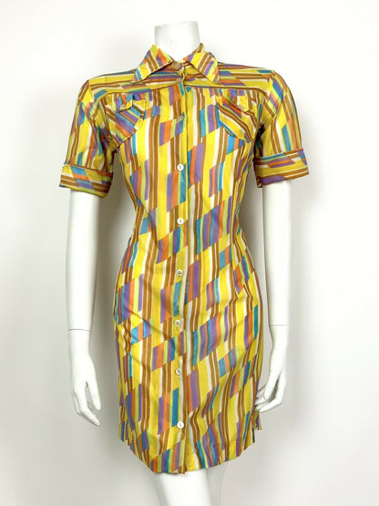 VINTAGE 60s 70s YELLOW WHITE PURPLE BLUE STRIPED DAGGER COLLAR SHIRT DRESS 10 12