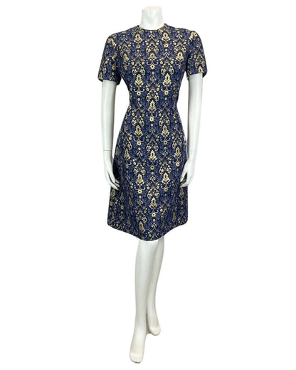 VINTAGE 60s 70s BLUE NAVY GOLD FLORAL MOD MINI PARTY CHRISTMAS EVENING DRESS 14