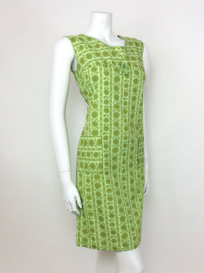 VINTAGE 60s 70s LIME GREEN PSYCHEDELIC FLORAL EMPIRE LINE SHIFT DRESS 10 12