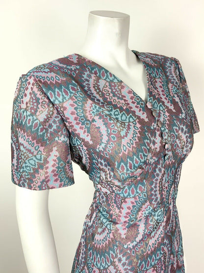 VINTAGE 60s 70s BLUE TURQUOISE PINK GOLD PSYCHEDELIC FLARED DRESS 12 14