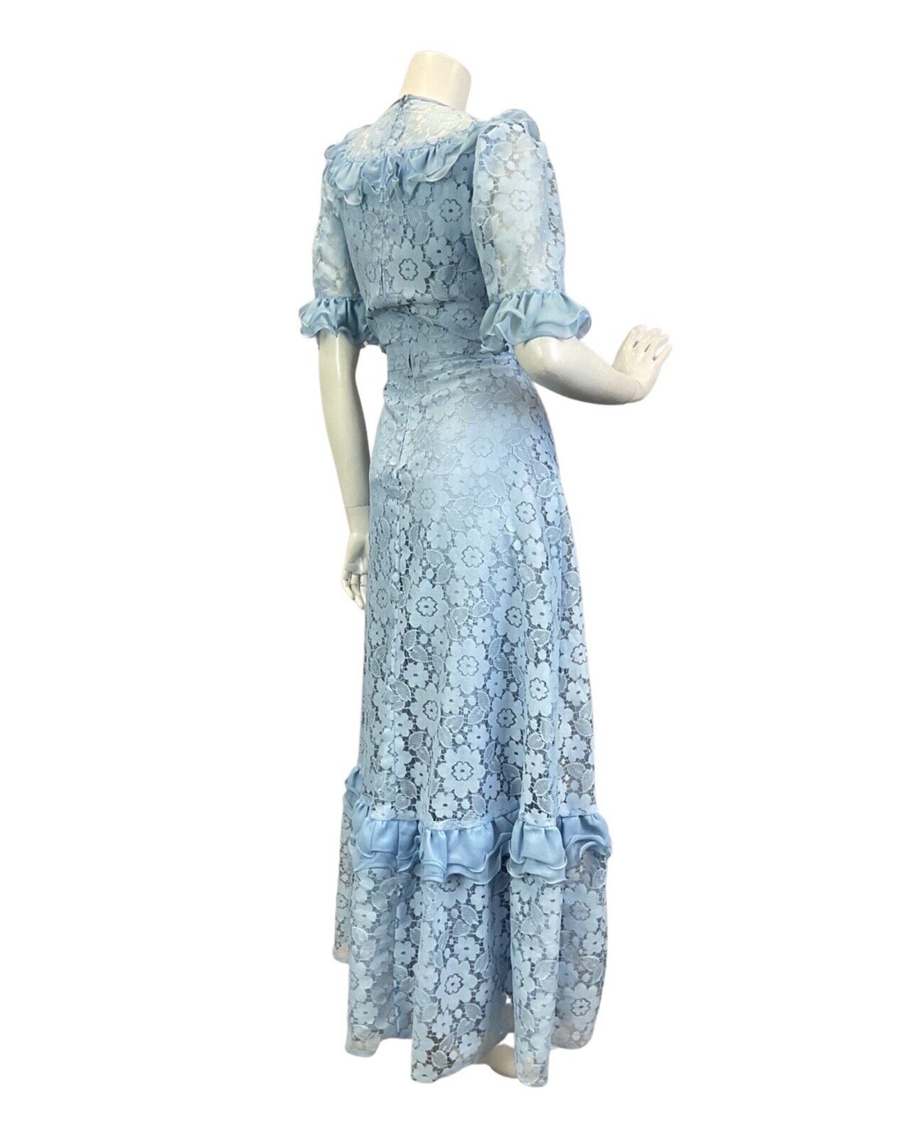 VINTAGE 60s 70s BABY BLUE FLORAL LACE RUFFLED PRAIRIE BOHO MAXI DRESS 8