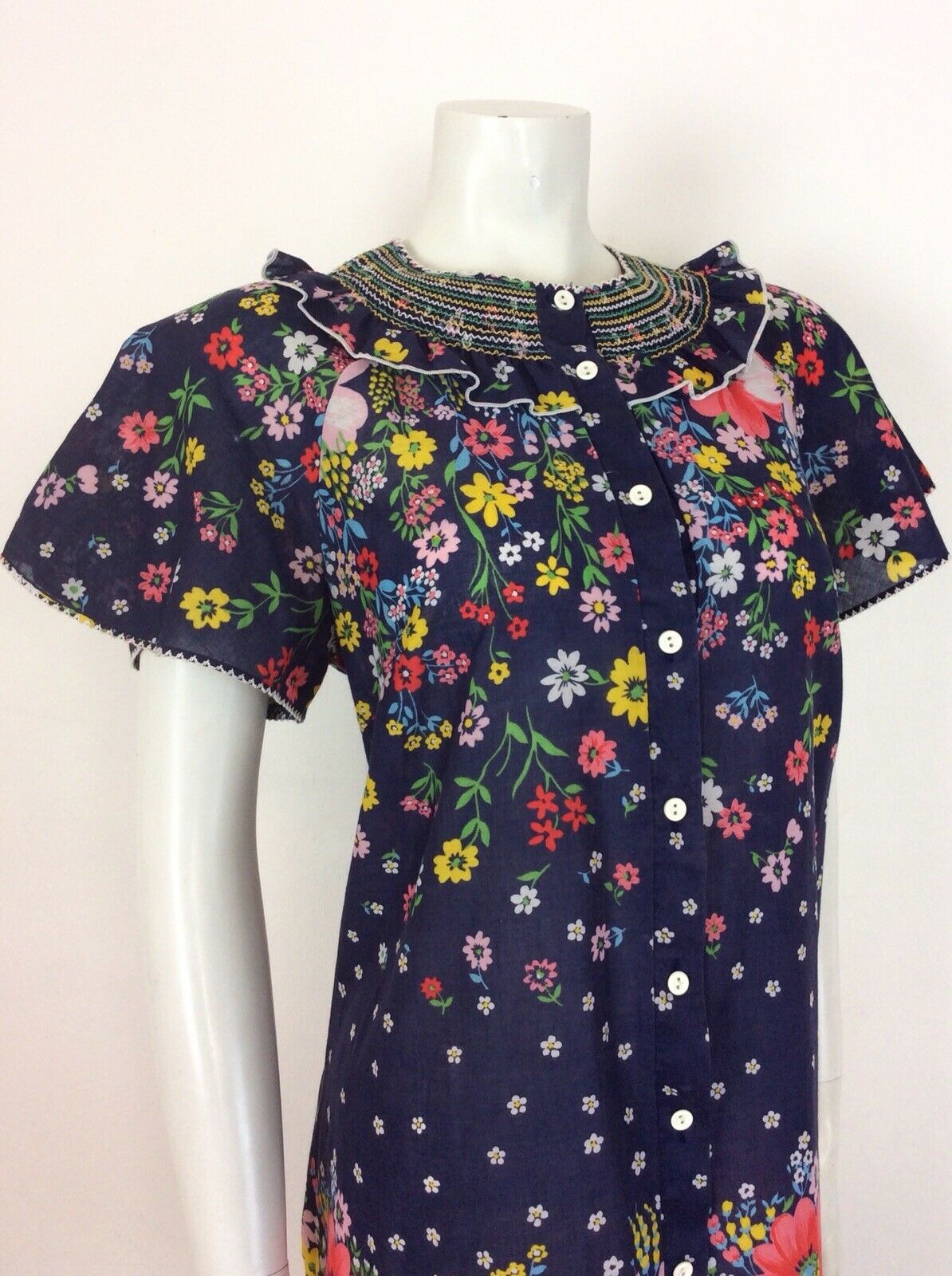 BEAUTIFUL VTG 60S 70S BLUE FLORAL COTTON SHIRRED DRESS 12 14