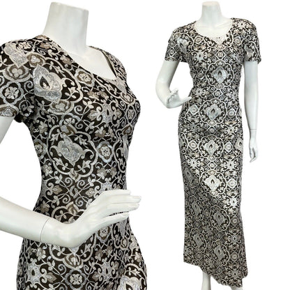 VTG 60s 70s SILVER METALLIC FLORAL PRINT DISCO PARTY EVENING MAXI DRESS 14 16