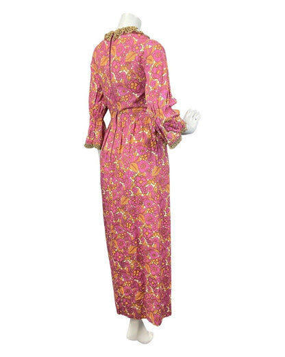 VINTAGE 60s 70s PINK GOLD ORANGE PSYCHEDELIC FLOWER FLOUNCE MOD MAXI DRESS 8 10