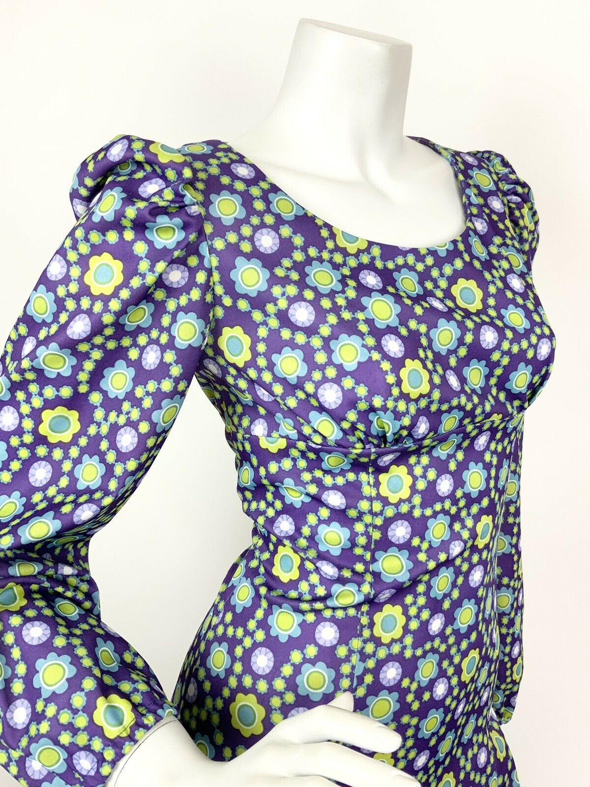 VTG 60s 70s PURPLE DAISY LIME GREEN BLUE PSYCHEDELIC FLORAL MAXI DRESS 8 10