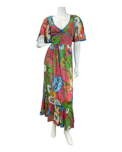 VINTAGE 60s 70s GREEN PINK BLUE FLORAL PSYCHEDELIC COLIN GLASCOE MAXI DRESS 8