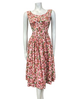 VINTAGE 50s 60s PINK GREEN RED FLORAL LEAFY PRINCESS SWING SLEEVELESS DRESS 4 6