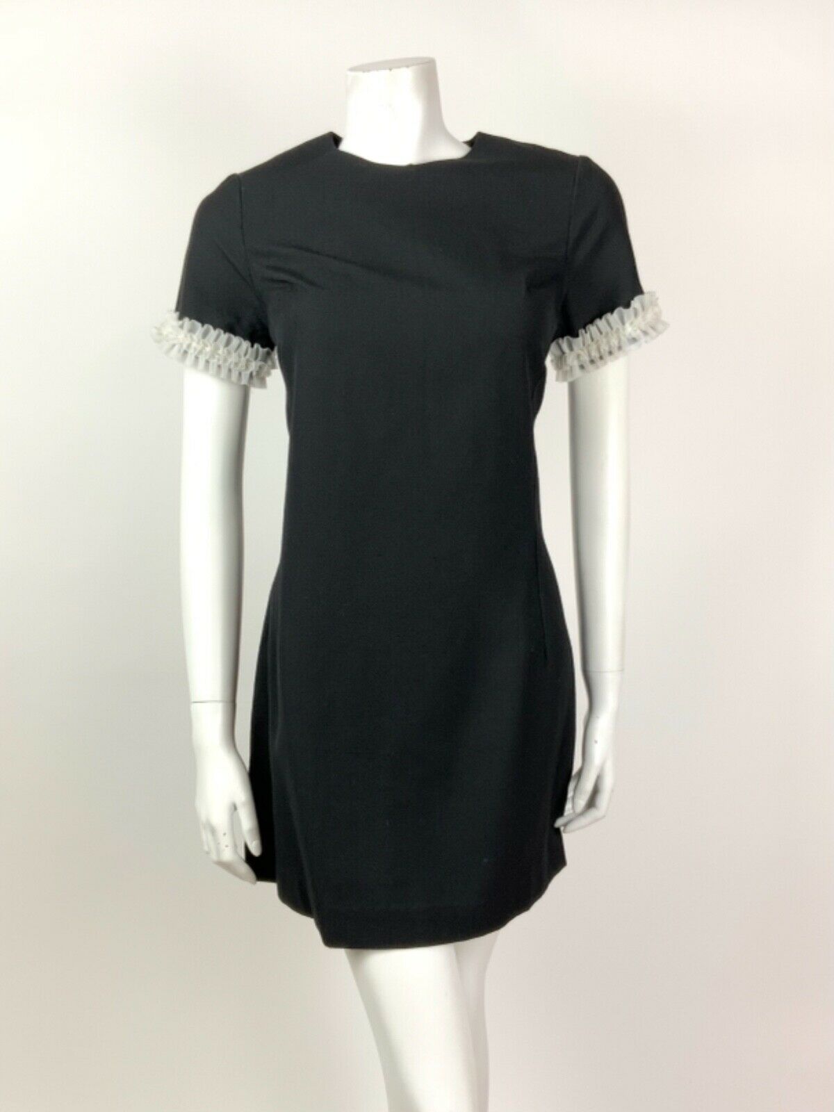 VINTAGE 60s 70s JET BLACK WHITE RUFFLED MOD MINI SHORT DRESS 8 10