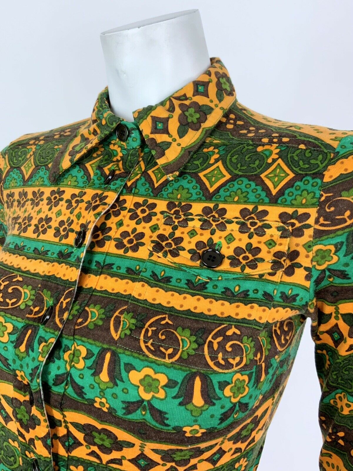 VINTAGE 60s 70s YELLOW GREEN BROWN FLORAL STRIPED PSYCHEDELIC DAGGER SHIRT 8