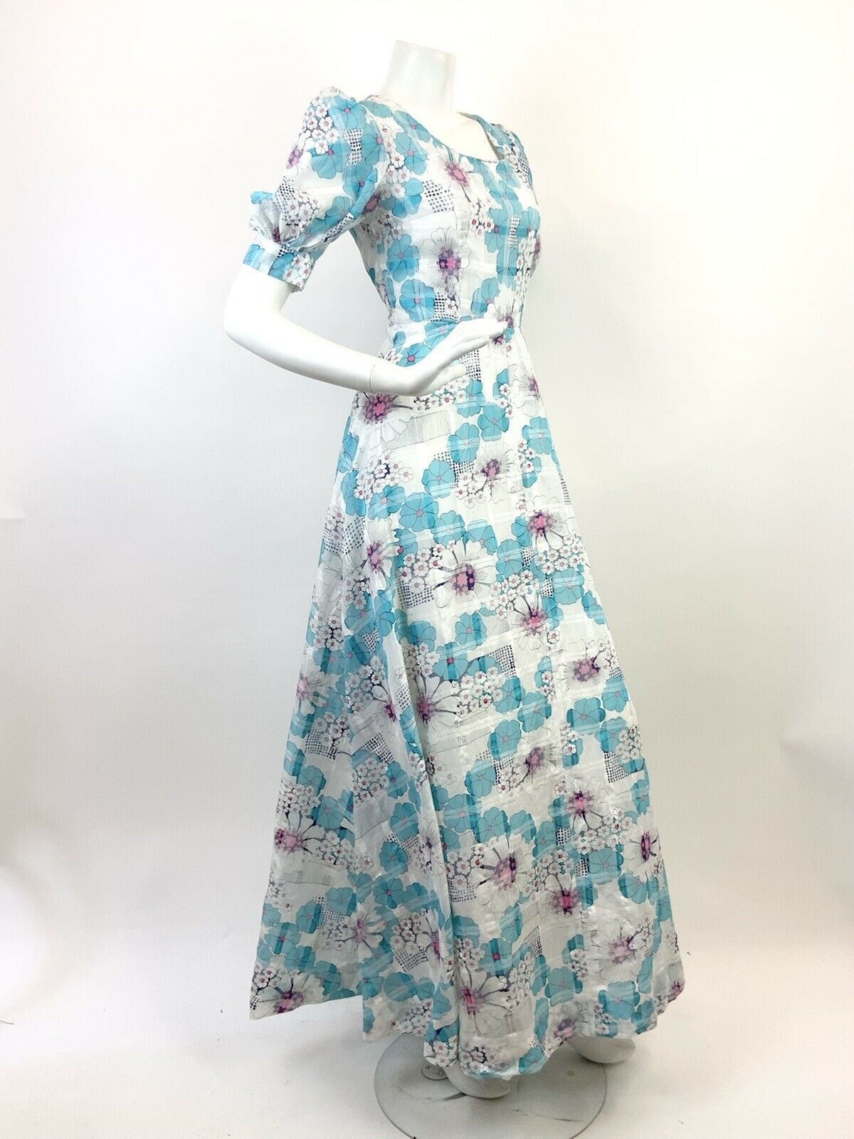 VTG 60s 70s WHITE BLUE PINK FLORAL PUFF SLEEVE PSYCHEDELIC MOD MAXI DRESS 8