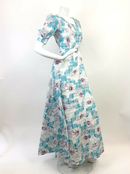 VTG 60s 70s WHITE BLUE PINK FLORAL PUFF SLEEVE PSYCHEDELIC MOD MAXI DRESS 8