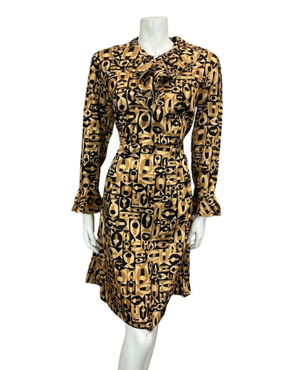 VINTAGE 60s 70s TAN BROWN BLACK PSYCHEDELIC RUFFLE MINI DRESS DRESS 10 12