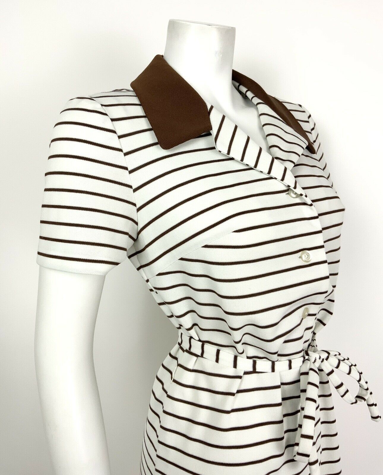 VINTAGE 60s 70s WHITE BROWN STRIPED SHIRT BELTED SHIFT DRESS 8 10