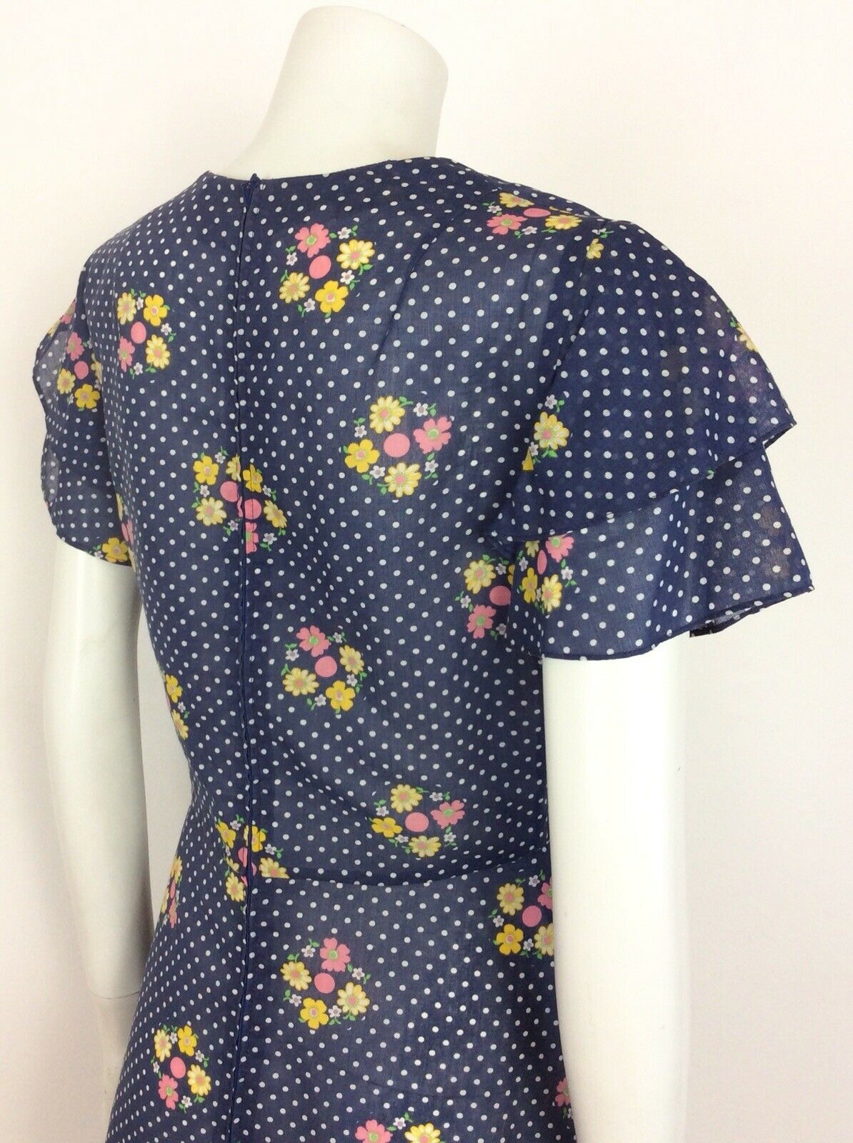 VINTAGE 60s 70s TEA DRESS POLKA DOT FLORAL RUFFLE BLUE WHITE PINK YELLOW 12