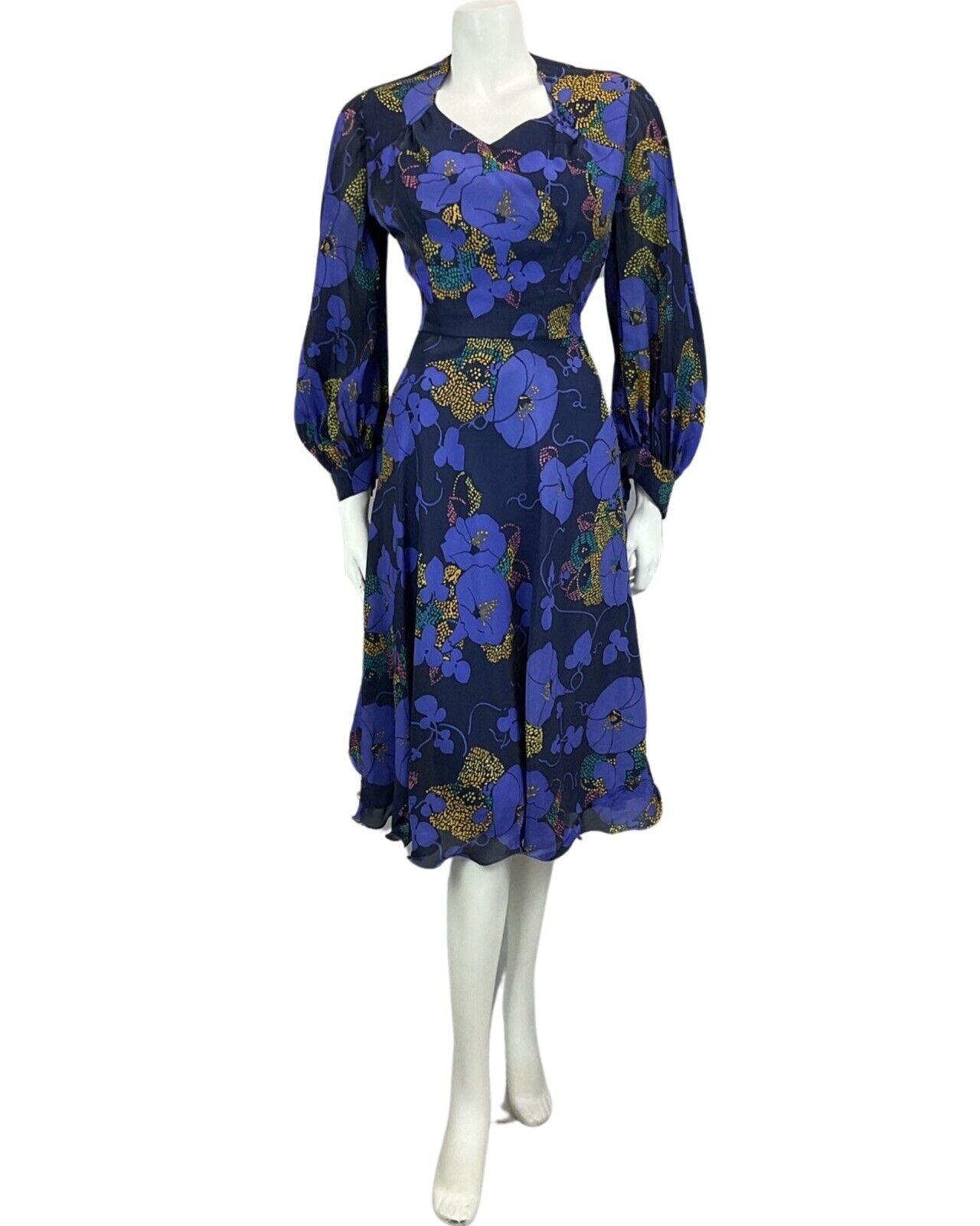 VINTAGE 60s 70s BLUE NAVY GOLD FLORAL PRINT FLOATY BOHO DISCO MOD DRESS 8