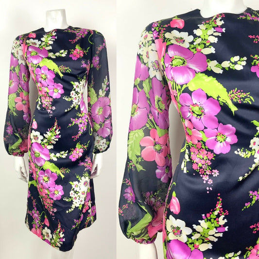 VINTAGE 60s 70s NAVY BLUE PURPLE PINK GREEN FLORAL PUFF SLEEVE DRESS 10 12