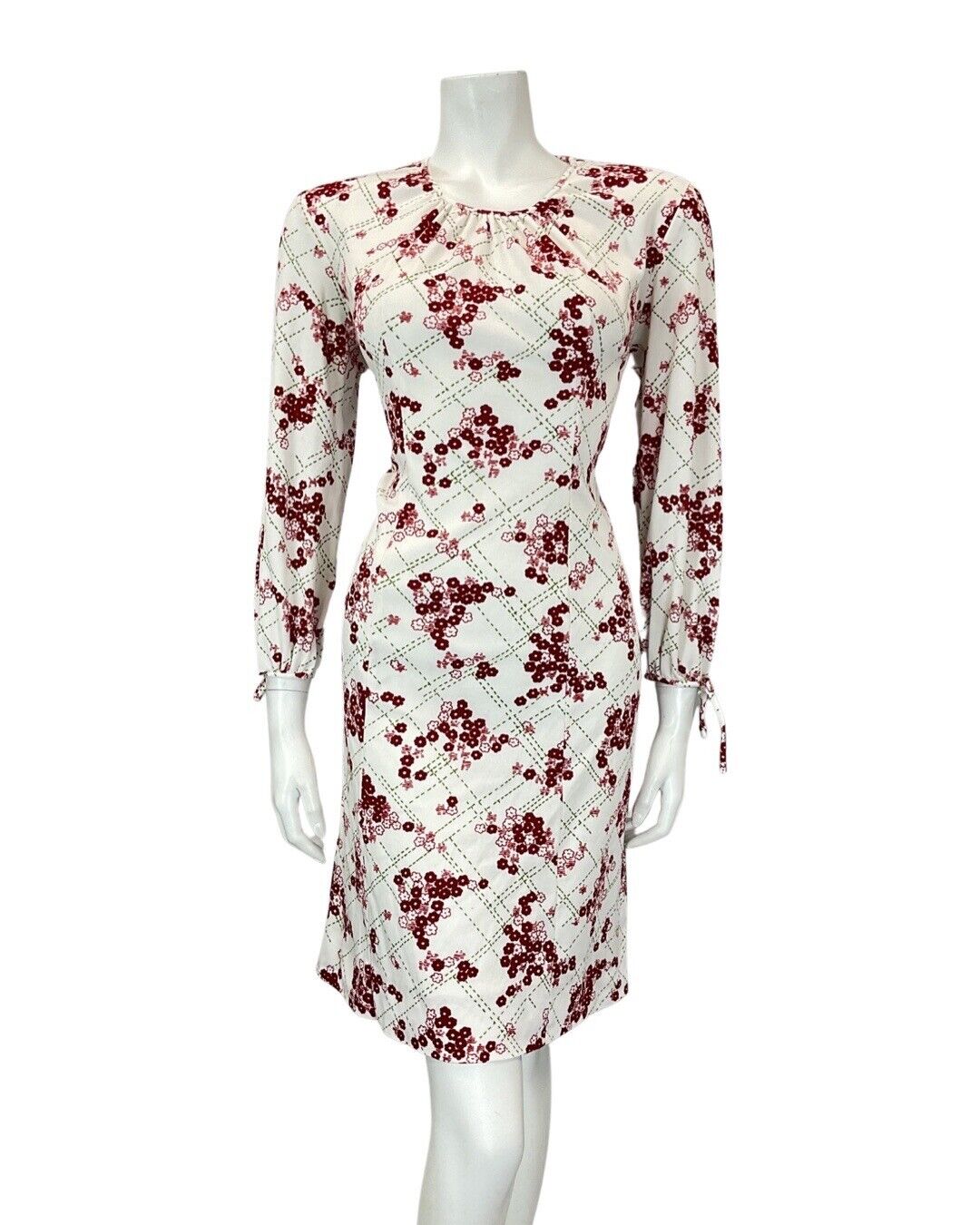 VINTAGE 60s 70s WHITE RED GREEN CHECKED DAISY FLORAL MOD MIDI DRESS 14