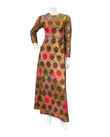 VINTAGE 60s 70s BROWN RED GOLD FLORAL SPOTTED MOD PARTY DISCO MAXI DRESS 8 10