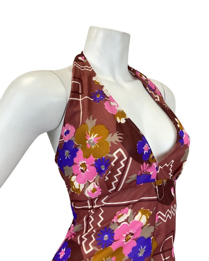 VINTAGE 60s 70s BROWN PINK PURPLE FLORAL GEOMETRIC MOD HALTER MAXI DRESS 10 12