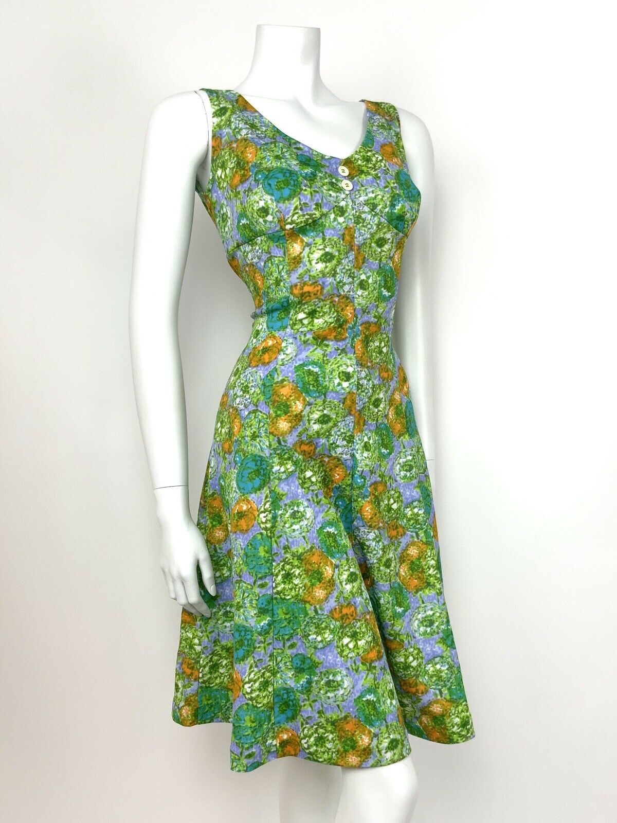 VTG 60s 70s GREEN EMPIRE LINE SUN DRESS BLUE PURPLE ORANGE FLORAL DITSY 12 14