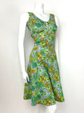 VTG 60s 70s GREEN EMPIRE LINE SUN DRESS BLUE PURPLE ORANGE FLORAL DITSY 12 14