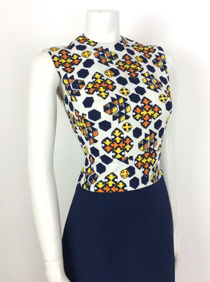 STUNNING VINTAGE 60S NAVY WHITE YELLOW ORANGE GEOMETRIC DRESS 10