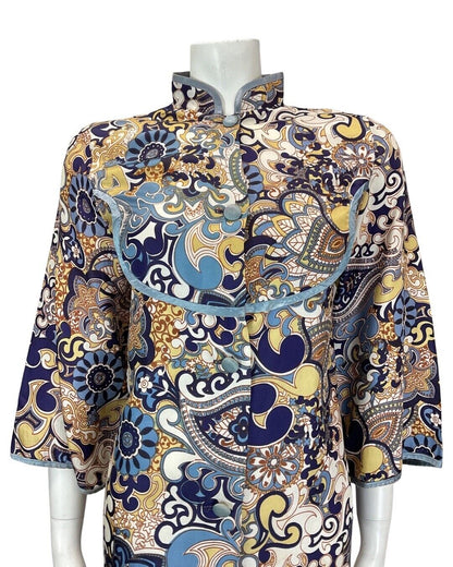 VINTAGE 60s 70s BLUE CREAM PSYCHEDELIC MANDALA MANDARIN HOUSE COAT DRESS 14