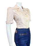 VINTAGE 60s 70s CREAM RED BLUE POLKA-DOT DAGGER COLLAR MOD BLOUSE 10