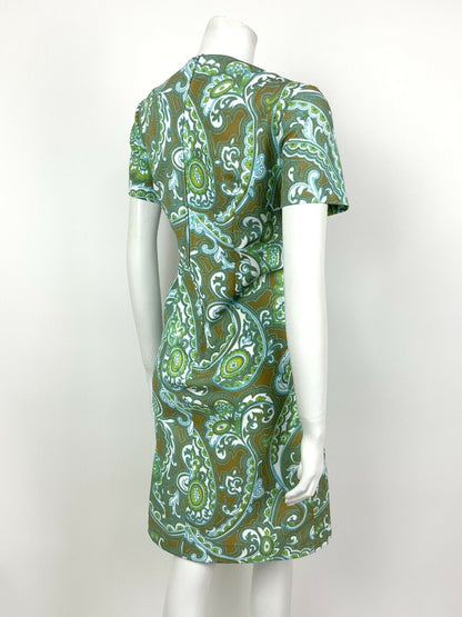 VINTAGE 60s 70s BLUE GREEN BROWN WHITE FLORAL PSYCHEDELIC PAISLEY DRESS 12 14