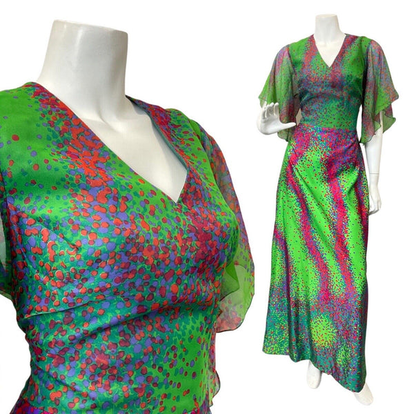 VINTAGE 60s 70s GREEN PINK BLUE PSYCHEDELIC DOTTY ANGEL SLEEVE MAXI DRESS 8 10