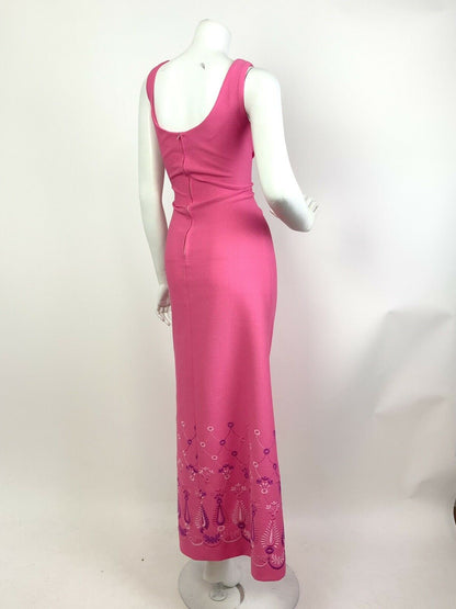 VTG 60s 70s BARBIE PINK PURPLE EMBROIDERED PAISLEY FLORAL SCALES MAXI DRESS 12