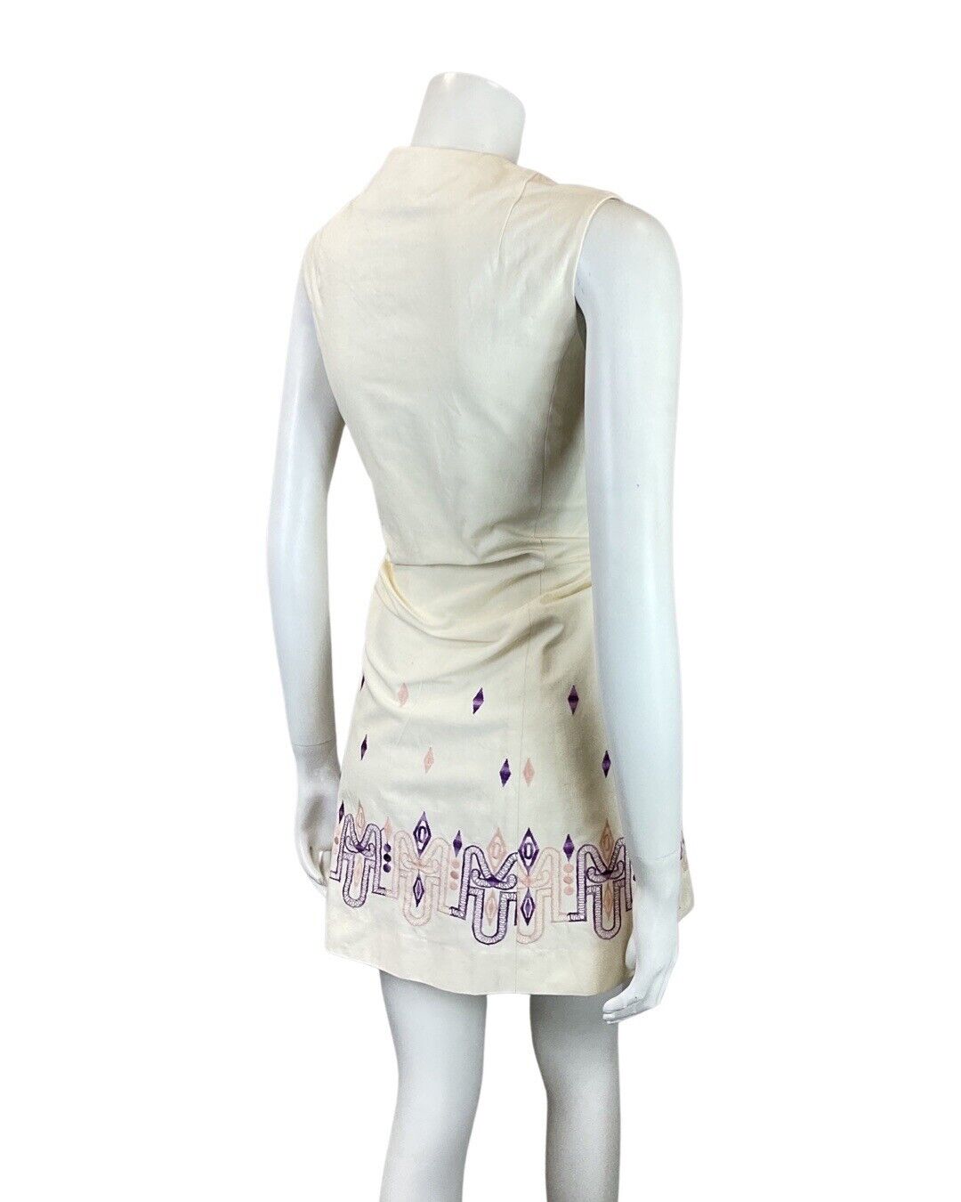 VINTAGE 60s 70s CREAM PURPLE PINK EMBROIDERED LACE-UP MOD BOHO MINI DRESS 10