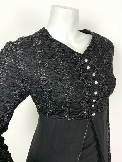 VINTAGE 60s 70s BLACK SILVER WAVY LACE DIAMANTE SHEER SPLIT MAXI DRESS 8 10