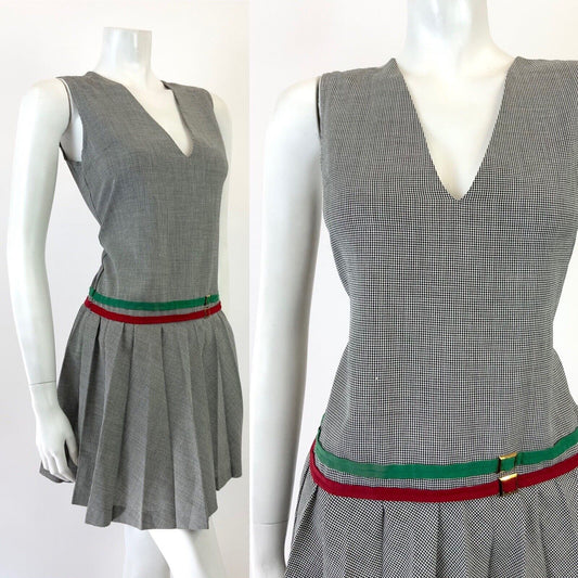 VTG 60s 70s BLACK WHITE HOUNDSTOOTH V-NECK PLEATED MOD PREPPY PINAFORE DRESS 10