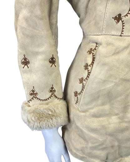 VINTAGE 60s 70s CREAM BROWN EMBROIDERED BOHO SUEDE SHORT SHEARLING COAT 8 10