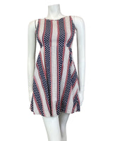 VINTAGE 60s 70s WHITE RED BLUE STRIPED POLKA-DOT DAISY SLEEVELESS MOD DRESS 6