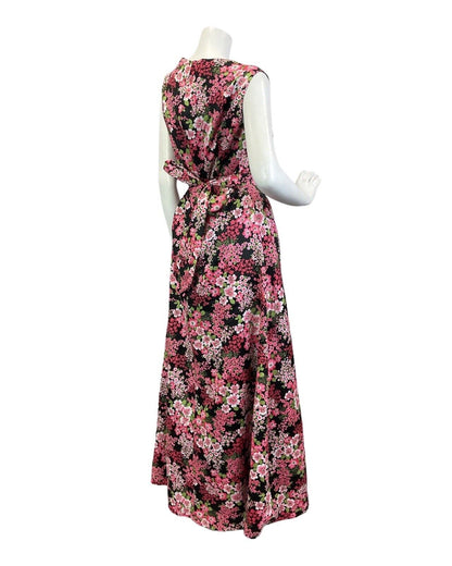 VINTAGE 70s BLACK PINK GREEN PSYCHEDELIC FLORAL SLEEVELESS MAXI DRESS 14 16