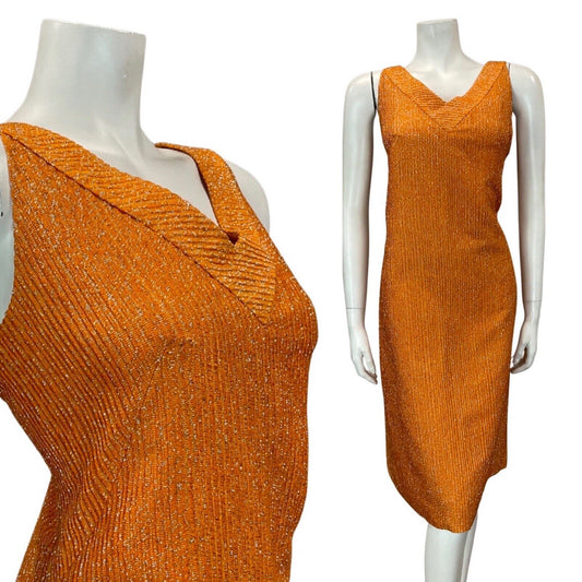 VINTAGE 60s 70s BURNT ORANGE SILVER LUREX V-NECK PARTY SLEEVELESS DRESS 12 14