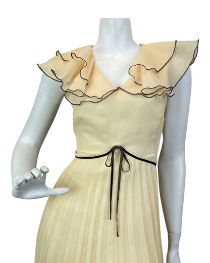 VINTAGE 60s 70s CREAM YELLOW BROWN RUFFLED PLEATED MAXI DRESS 10