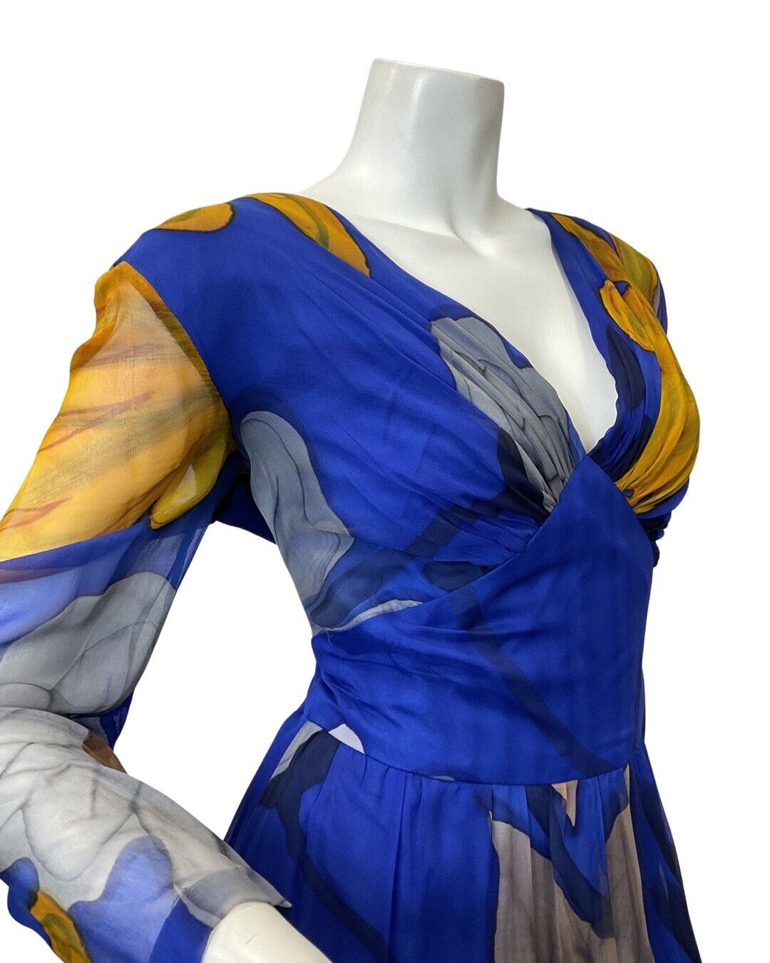 VINTAGE 60s 70s BLUE YELLOW WHITE FLORAL WATERCOLOUR SHEER MAXI DRESS 12 14