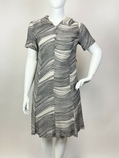 VINTAGE 60s 70s SILVER BLACK WHITE STRIPED LUREX PARTY GLAM SHIRT DRESS 16