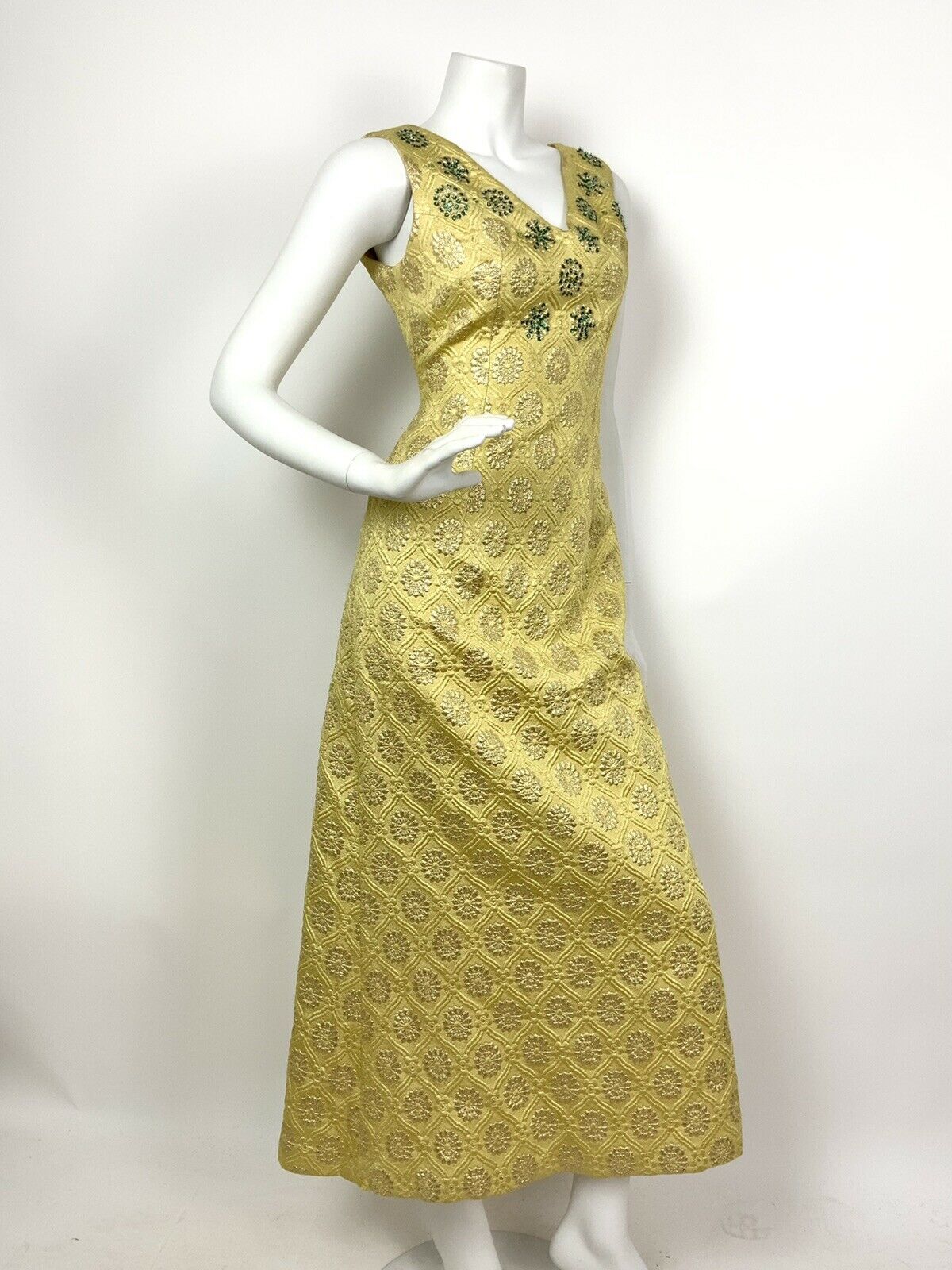 VINTAGE 60s 70s YELLOW GOLD GREEN FLORAL QUILTED STAR BEADED MAXI DRESS 8 10