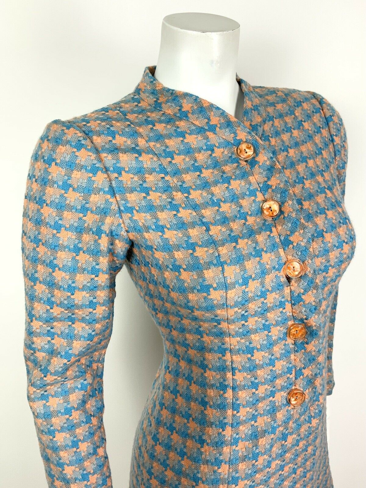 VINTAGE 60s 70s PASTEL ORANGE BLUE CHECKED HOUNDSTOOTH WOOL MOD SHIFT DRESS 8