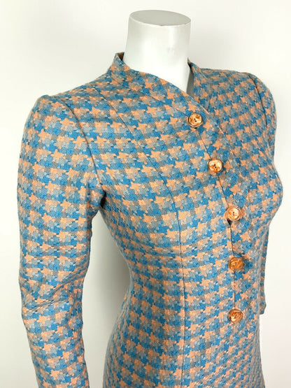 VINTAGE 60s 70s PASTEL ORANGE BLUE CHECKED HOUNDSTOOTH WOOL MOD SHIFT DRESS 8