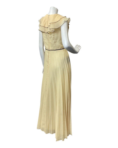 VINTAGE 60s 70s PALE YELLOW BROWN RUFFLED PLEATED ELEGANT GOWN MAXI DRESS 10 12